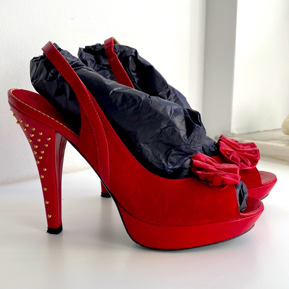 Report Red leather and Suede Studded Slingback Platform Heels